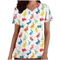 thumbnail image 2 of Easter Scrub Tops for Women Watercolor Colorful Rabbits Graphic V Neck Short Sleeve Professional Healthcare Uniform with Pockets Festive Nurse Clothes, 2 of 6