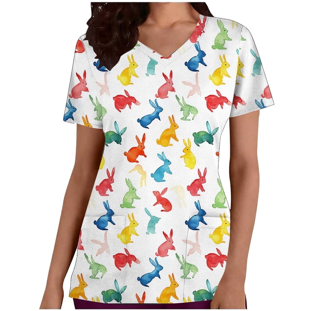 Blusa médica para mujer, con estampados navideños, cuello en V, manga corta, con bolsillos