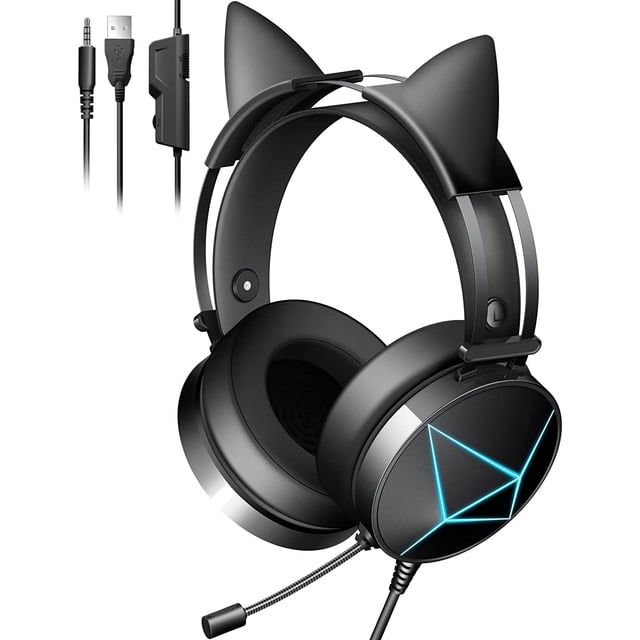 Auriculares Oreja de Gato con Micrófono con Cancelación de Ruido y Sonido Envolvente, Auriculares Gaming con Orejas de Gato Extraíbles, Luces LED, Compatibles con PC, Xbox One, PS4, PS5, Switch, Auriculares Gamer Negros con Cable Rojo Verde Cocina, Decoración y Otros