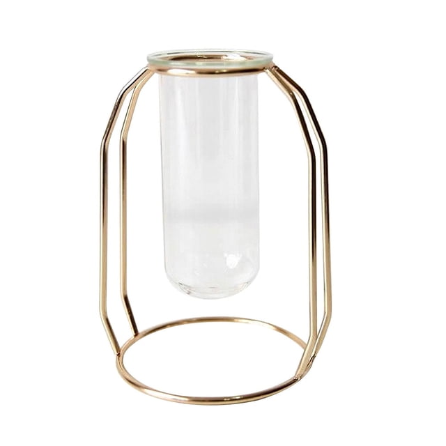 Glass Vases with Metal Frame Modern Rose Gold Frame Cylinder Clear Vase Planter Terrariums Flower Holder Decorations