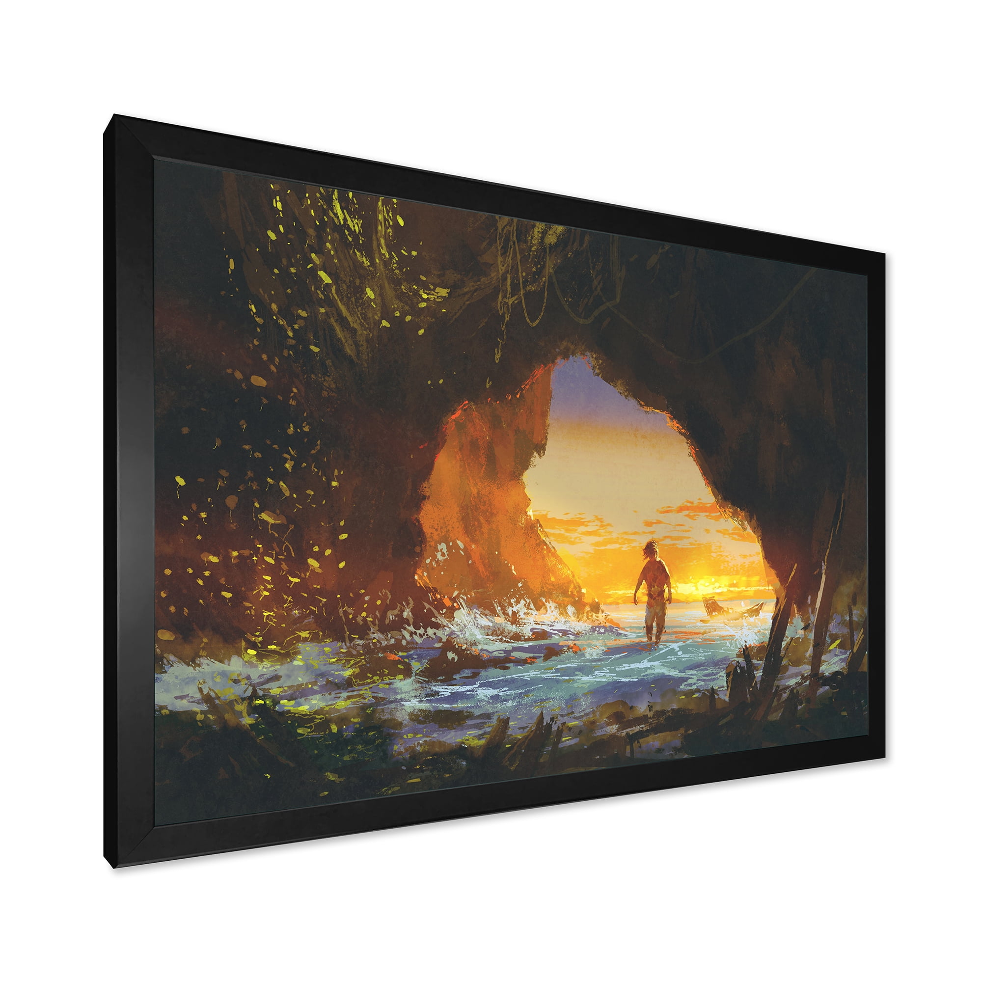 Designart 'The Sea Cave At Sunset With The Man Walking In' Nautical & Coastal Framed Art Print