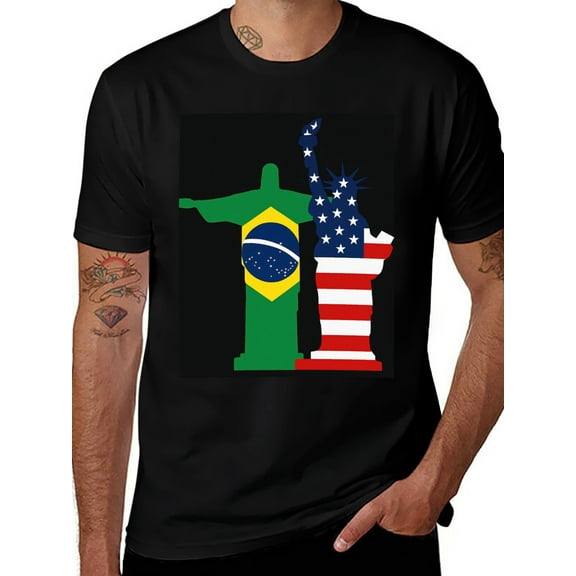 T-shirt America And Brazil Soft Cotton Adult Heat-Transfer Graphic T-Shirt - 180g Breathable Fabric, Unisex Summer Casual Wear with Durable Heat-Printed Design
