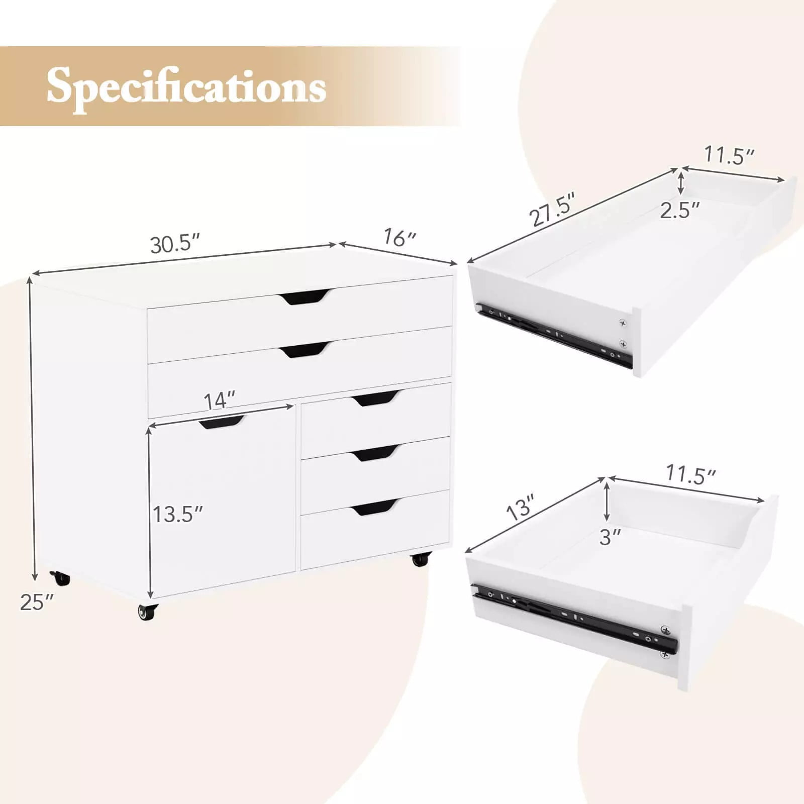 Harmijoy 5-Drawer File Cabinet w/Side Cabinet, Mobile Chest of Drawers w/ Side Cabinet, Door Cabinet with 5 Casters, Rolling Lateral Filing Cabinet