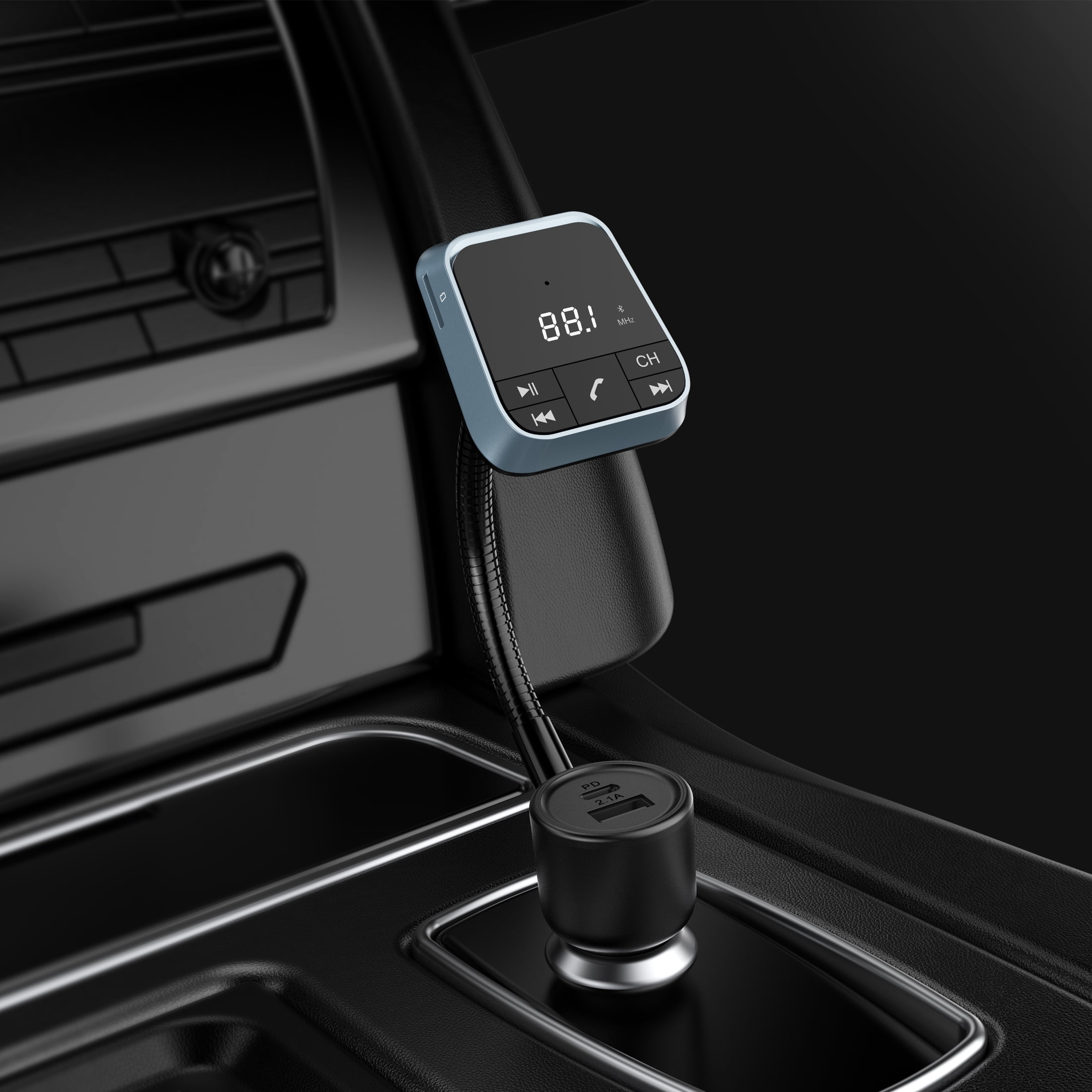 Onn Gooseneck Bluetooth FM Transmitter, Flexiable Adjustable Viewing Angle, Dual Charging Ports, Compatible with Smartphones