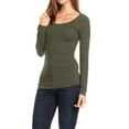thumbnail image 3 of Moa Collection Women Basic Stretch Pull On Casual Long Sleeve Scoop Neck Fitted Solid T-Shirt Top Olive L, 3 of 5