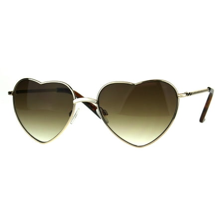 Womens Heart Shape Chain Arm Metal Rim 70s Sunglasses Gold Brown