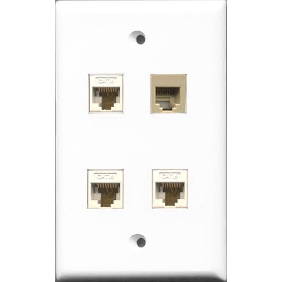 RiteAV 1 Port Phone RJ11 RJ12 Beige 3 Port Cat6 Ethernet White Wall Plate