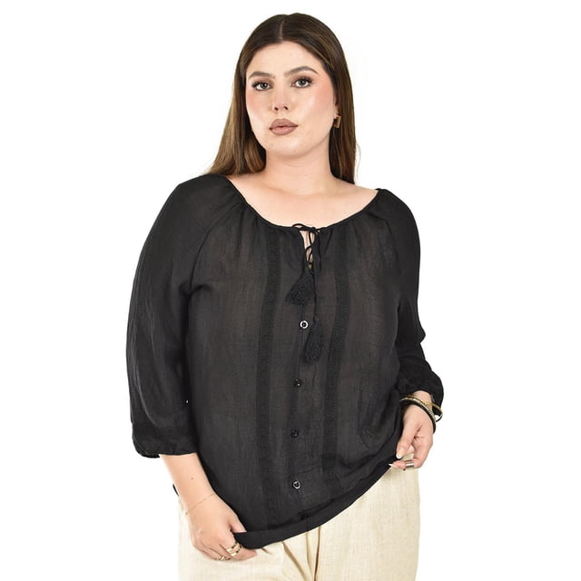 Blusa con detalle de borlas Roman Fashion /Tallas Extras, 225 (Negro) negro 42