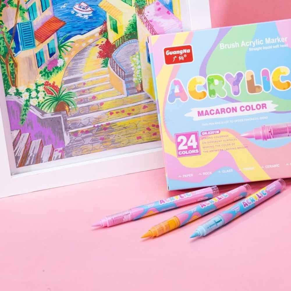 Water-Based Acrylic Markers Set, Paint Marker Pens, 24 Colors Acrylic Paint Markers, Soft Tip Markers, Perfect for Paper, Wood, Rock, Glass, and More, Includes Macaron and Skin Tone