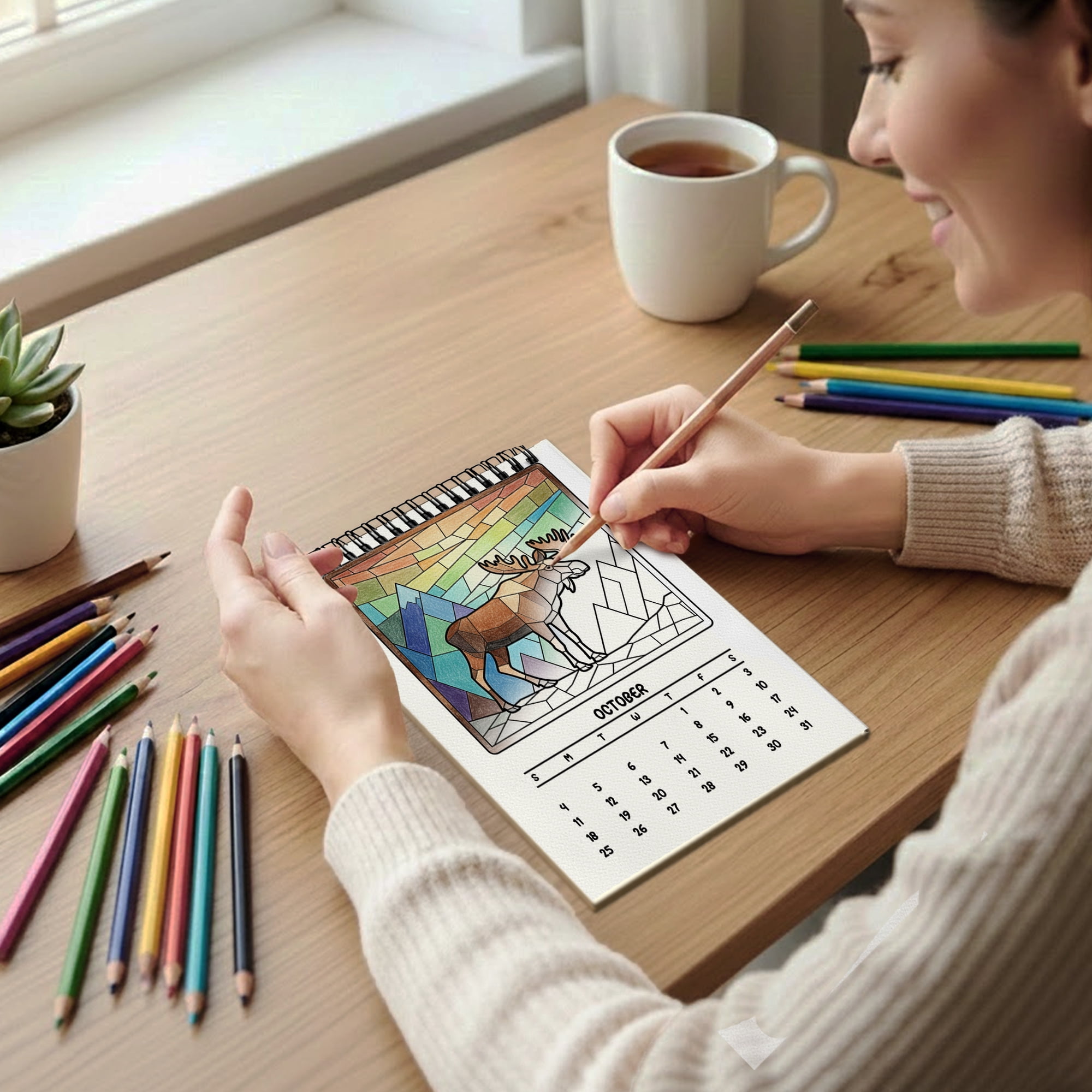 Stained Glass Animals Coloring Desk Calendar 2026–2027, A5 Wooden Cover Planner with 26 Easy Coloring Pages for Adult Relaxation, 24 Month Desktop Calendar with Stand, Gift for Family & Friends