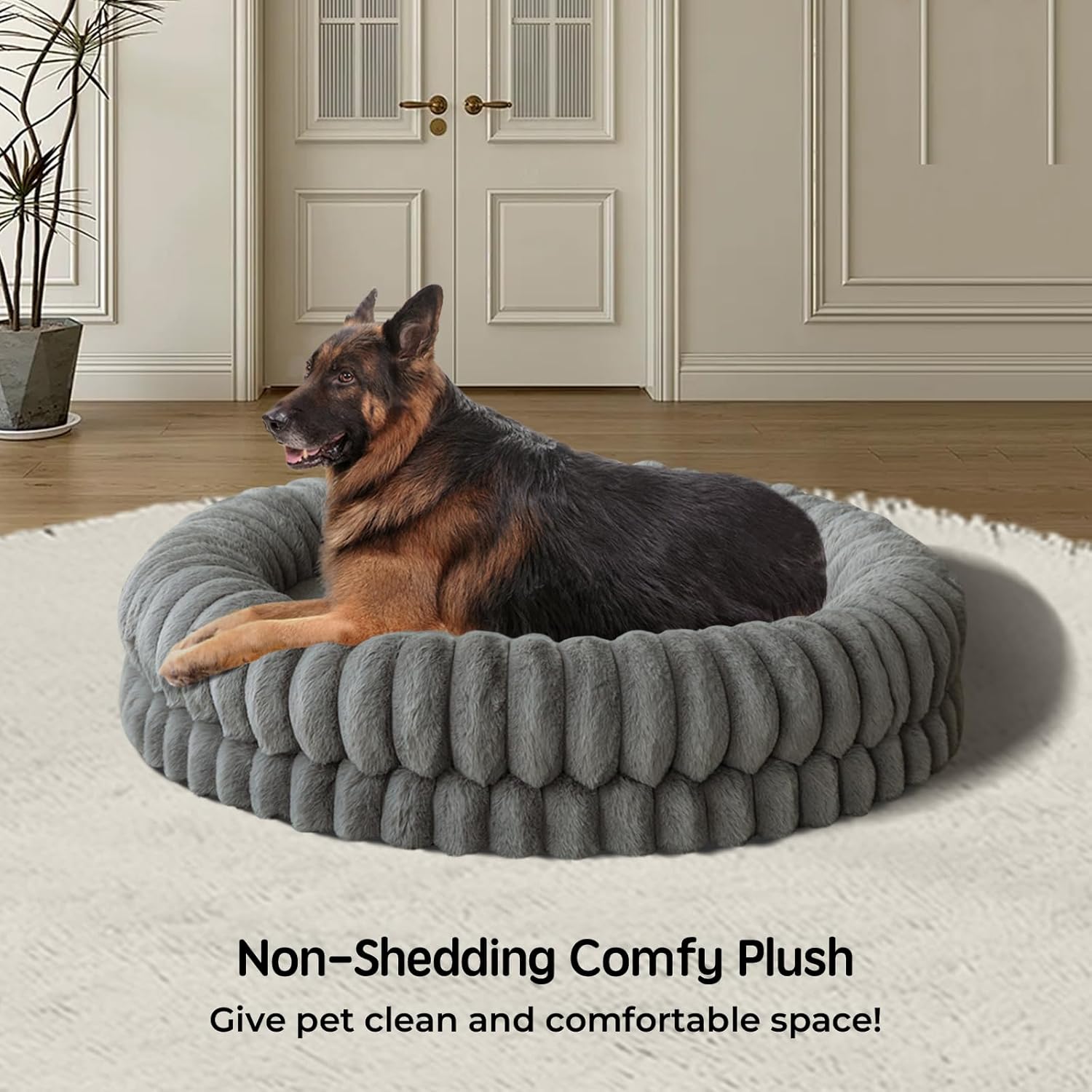 Luxury Donut Dog Bed, 43 Inches Round Dog Beds Large Sized Dogs Washable, Orthopedic Calming Dogs Bed for Pets with Anti-Slip Bottom, Gray