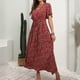 thumbnail image 4 of Vestido hasta el tobillo con estampado de manga corta suelto con cuello en V Vintage bohemio a la moda para mujer Fridja  qw6795, 4 of 9