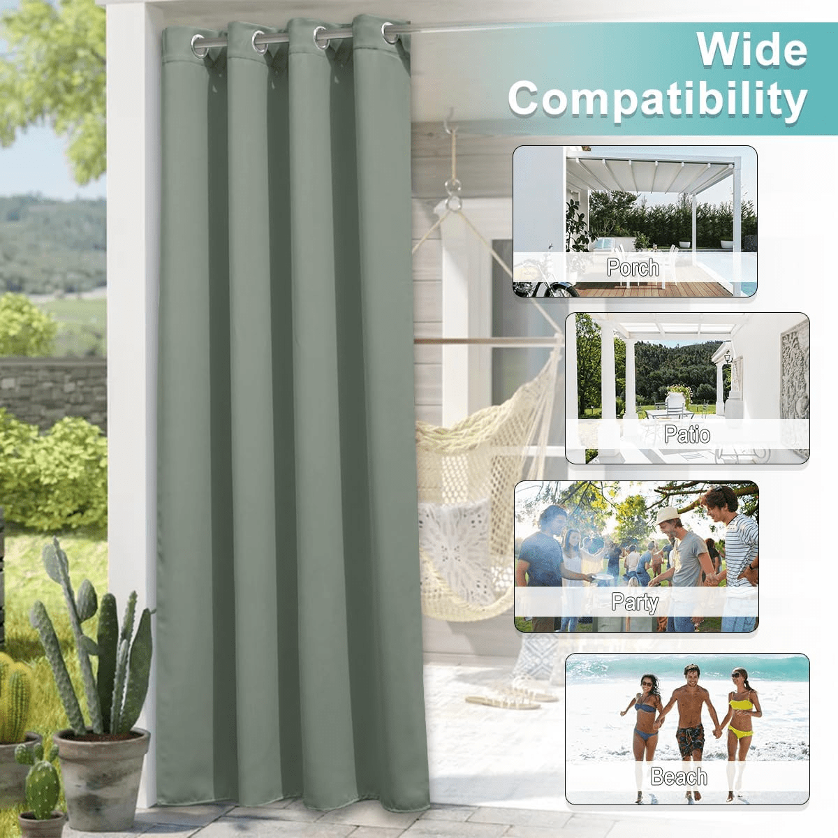 NICETOWN Outdoor Waterproof Curtains for Pergola Blackout Solid Thermal Insulation Drapes, W52 x L95, Set of 2, Greyish Green