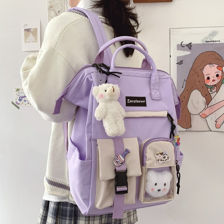 Derstuewe Cute Backpack with Bear Pin Plush Charm College High School Bookbag Purple Walmart