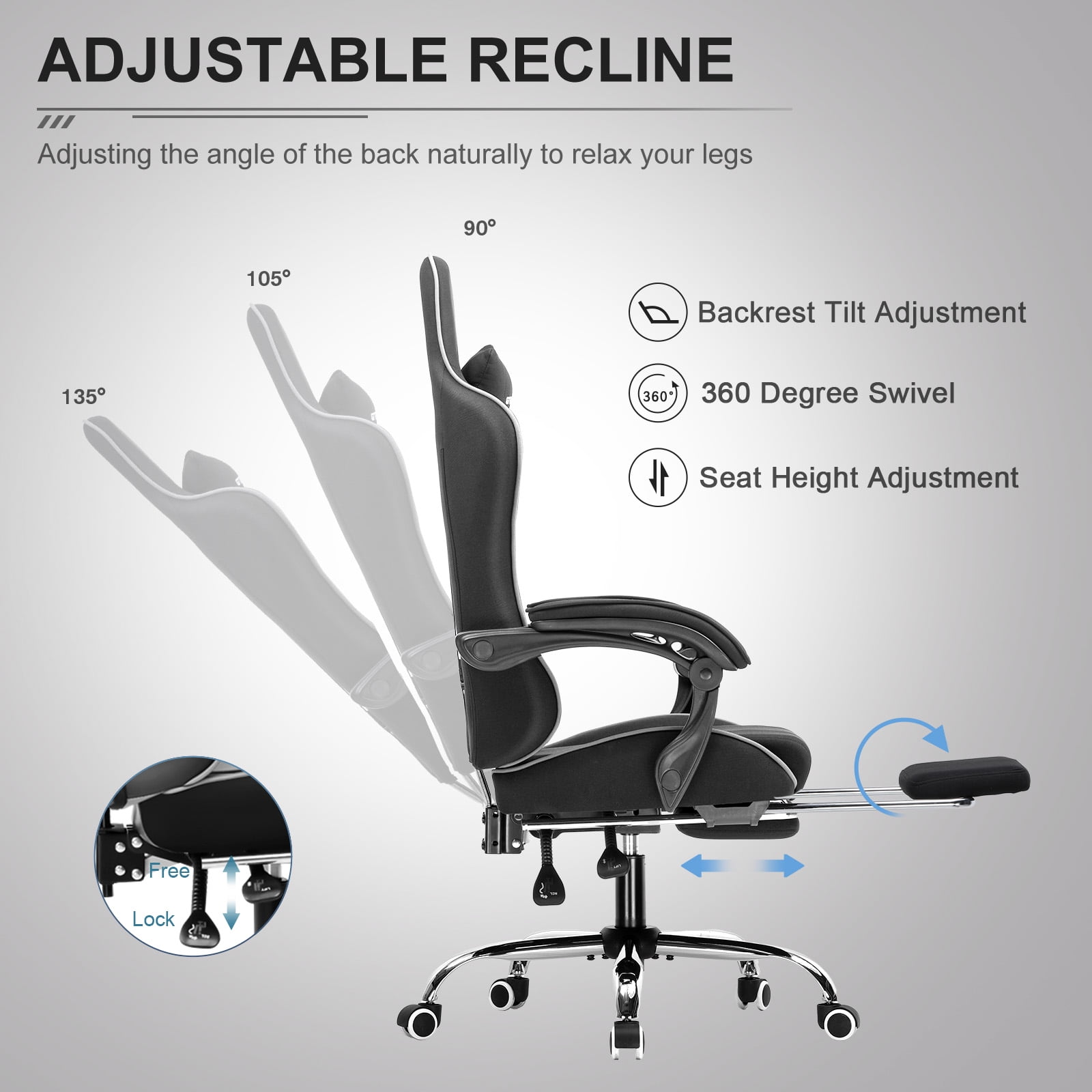 GTPLAYER Fabric Gaming Office Chair with Lumbar Massage Pillow, Black