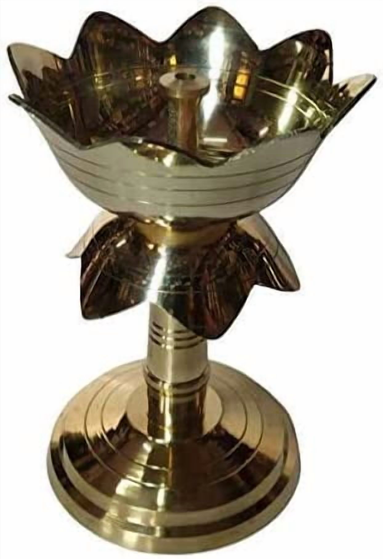Brass Elegent Lotus Design Oil Lamp/Diya/Deep/Deepak With Stand (Approx. 14 cm Tall) Akhand Diya