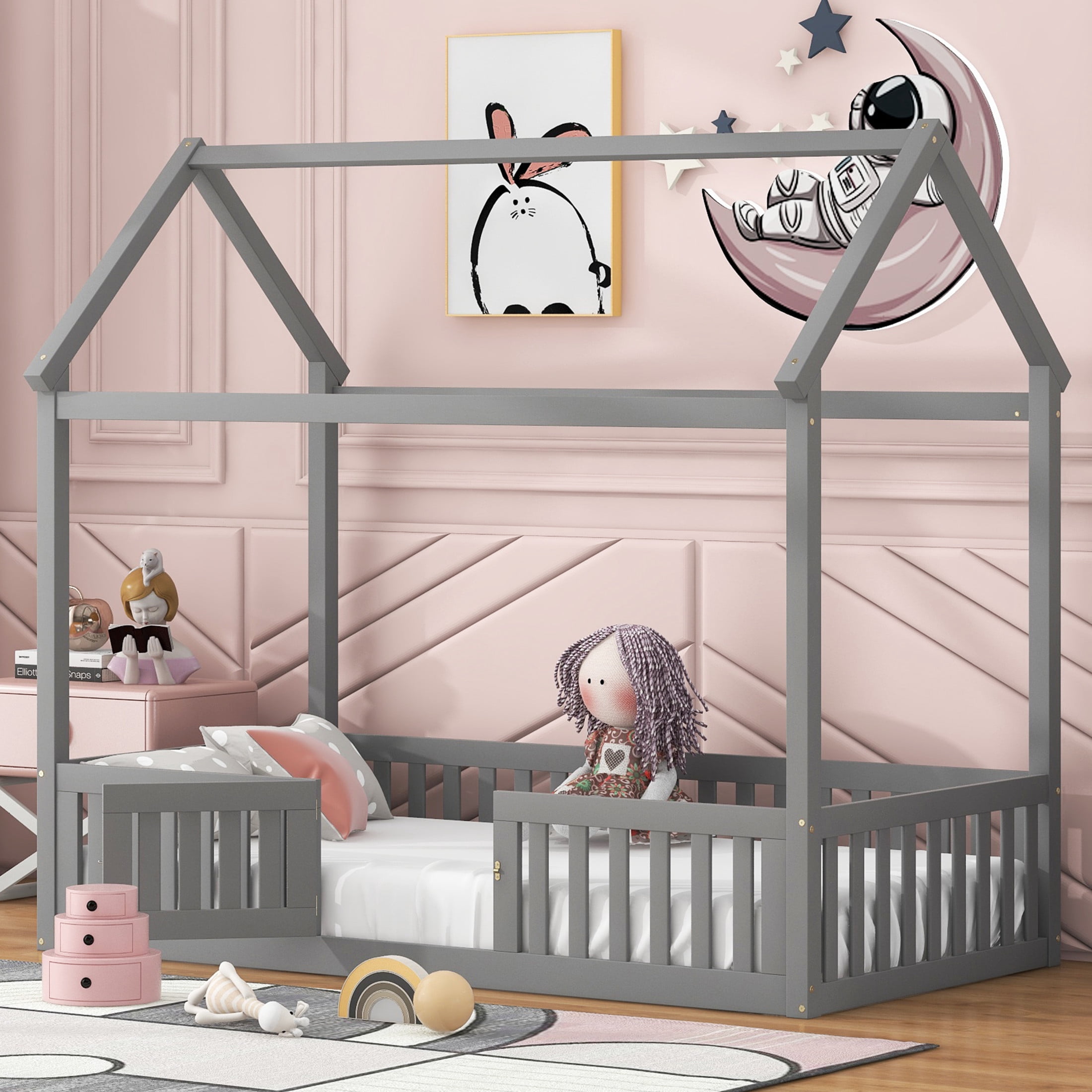 Noble House Solri Twin Size Wood House Bed with Fence and Door, Whimsical Play Bed with Sky Roof, Gray