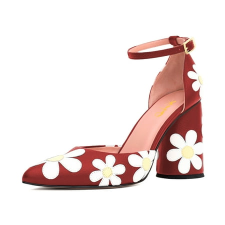 XYD Women D Orsay Flower Pumps Fashion Cylindrical Block High Heels Pointed Toe Ankle Strap Dress Prom Pumps Shoes Size 5.5 Red