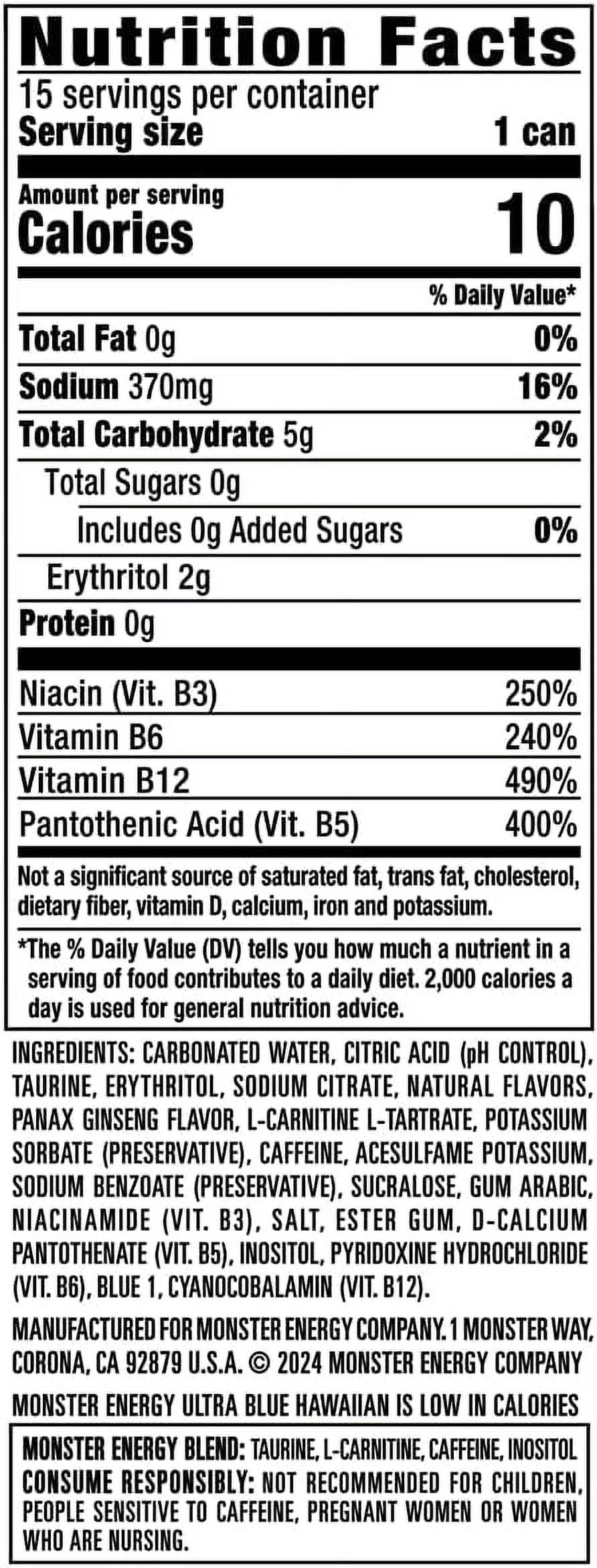 Monster Energy Ultra Blue Hawaiian, Sugar Free Energy Drink, 16 Ounce (Pack of 12)