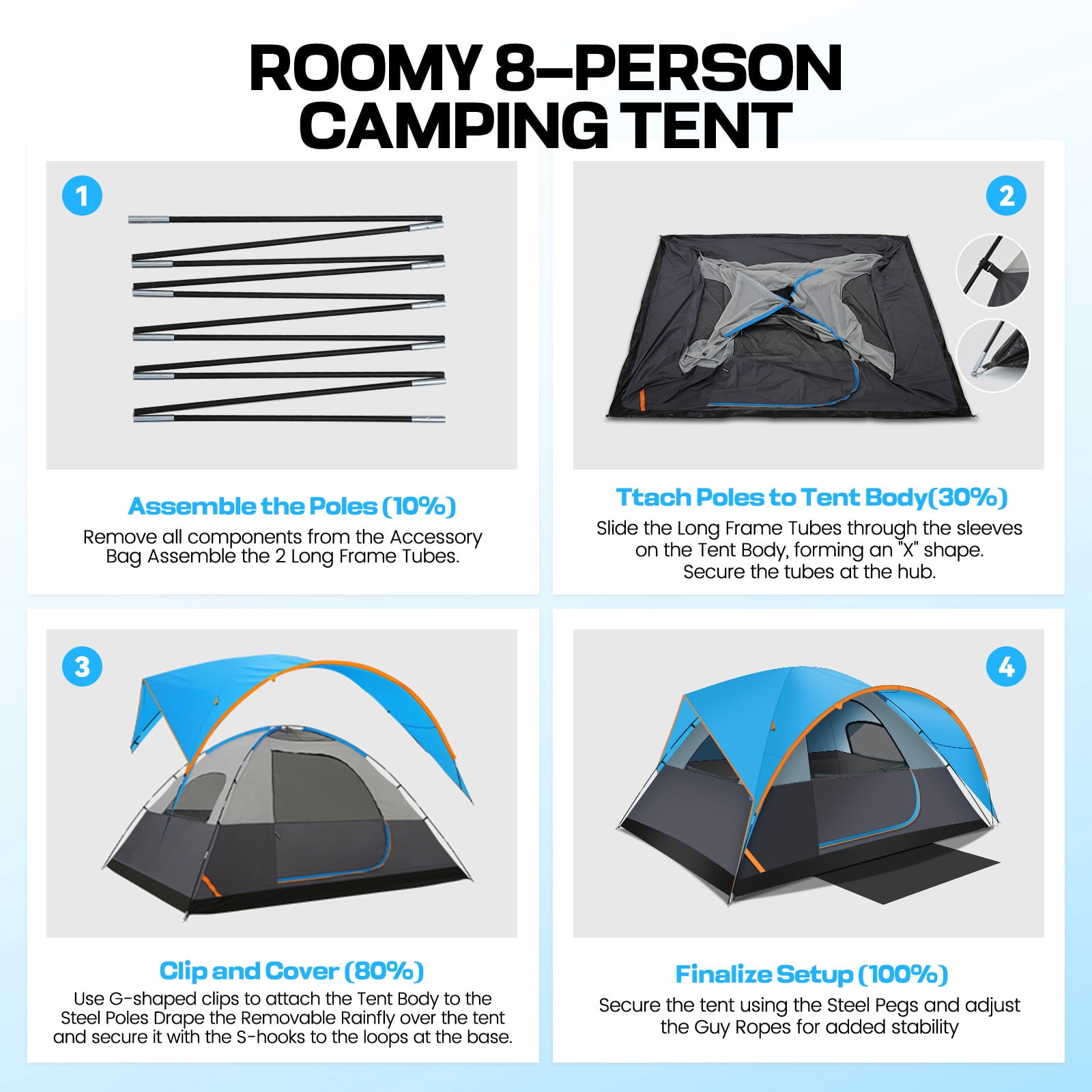 HOTEEL 8-10 Person Tent for Camping, Easy Setup Camping Tent with Rainfly & Screen Windows for Camping/Traveling/Family Gathering/Hiking/Beach, Blue