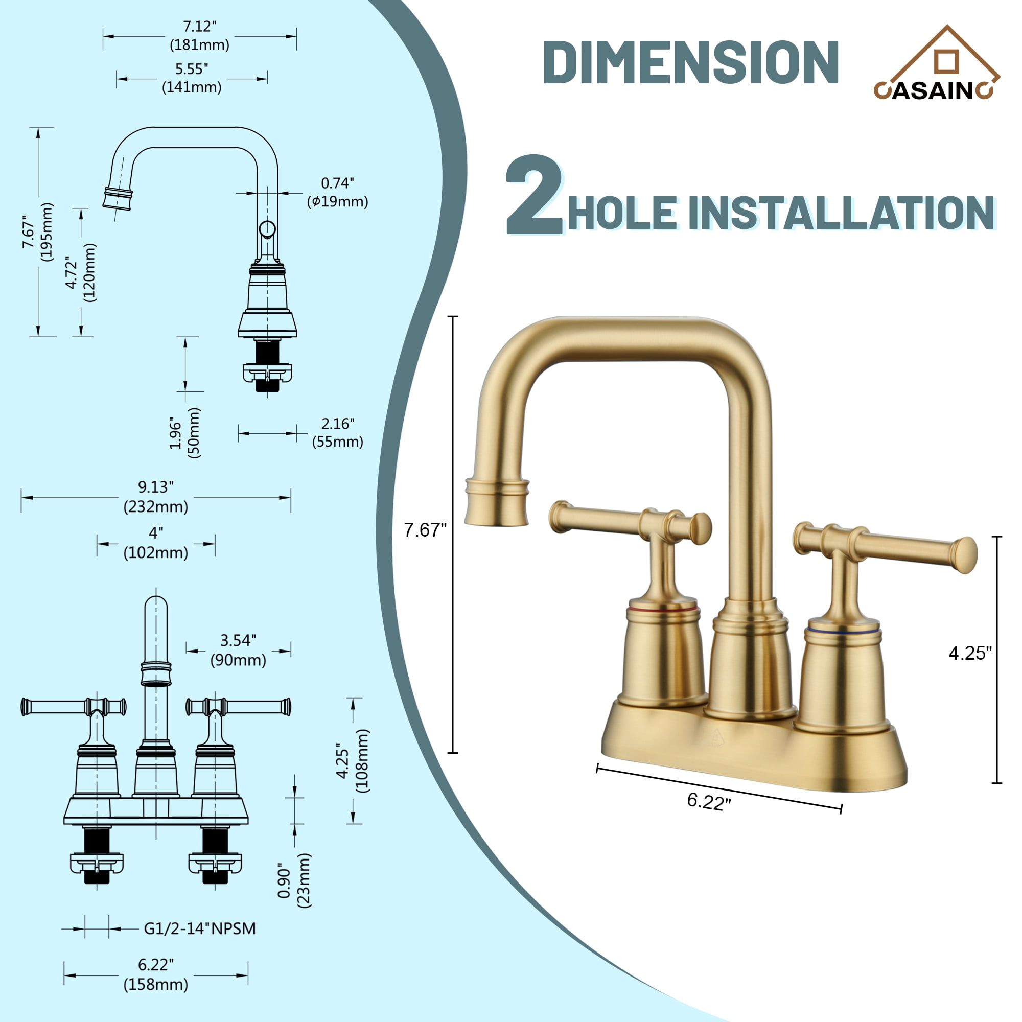 CASAINC 4 in. Centerset Double Handle 2 holes Bathroom Sink Faucet Lavatory Faucet with Stainless steel Drain in Brushed Gold