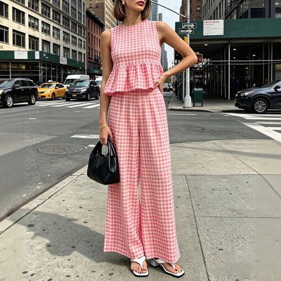BRELIL Women's Two Piece Plaid Sets Round Neck Sleeveless Peplum Top Wide Leg Pants Boho Casual 2 Piece Outfits Summer Matching Lounge Travel Tracksuit, Pink XL
