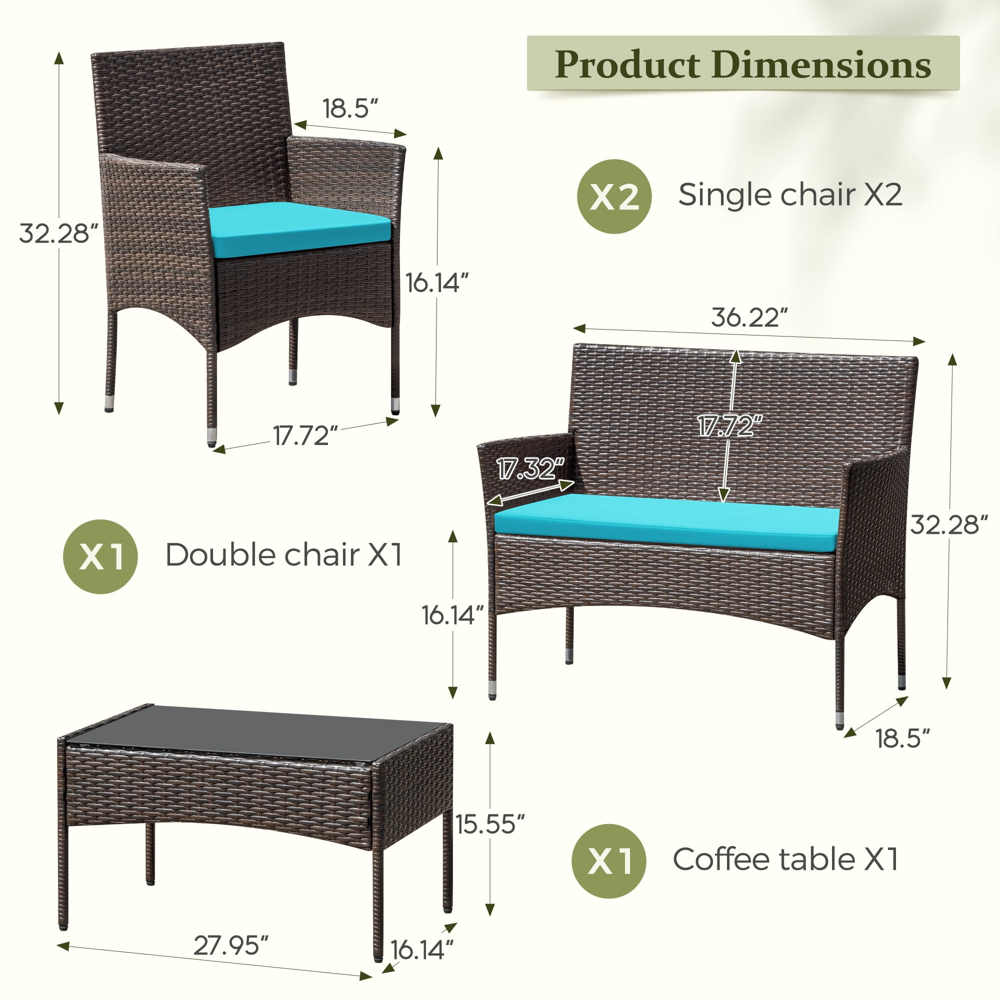 Homall 4 Pieces Patio Conversation Set Outdoor Furniture Rattan Chairs Wicker Seating with Cushion and Table Weather-resistant for Porch Garden Backyard, Blue /Beige