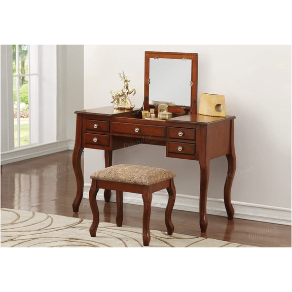 Poundex F4147 Bobkona Cailyn Flip Up Mirror vanity Set with Stool in Cherry