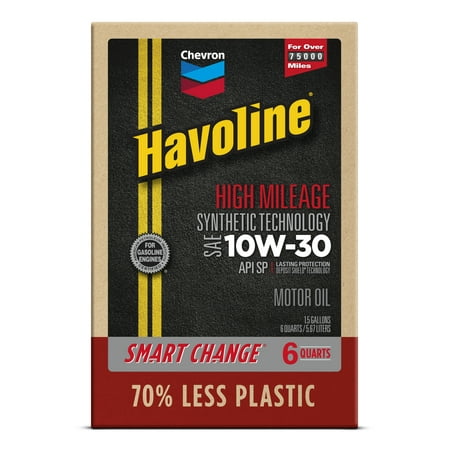 Chevron Havoline High Mileage Synthetic Technology Motor Oil 10W-30, 6 Quart Smart Change Box