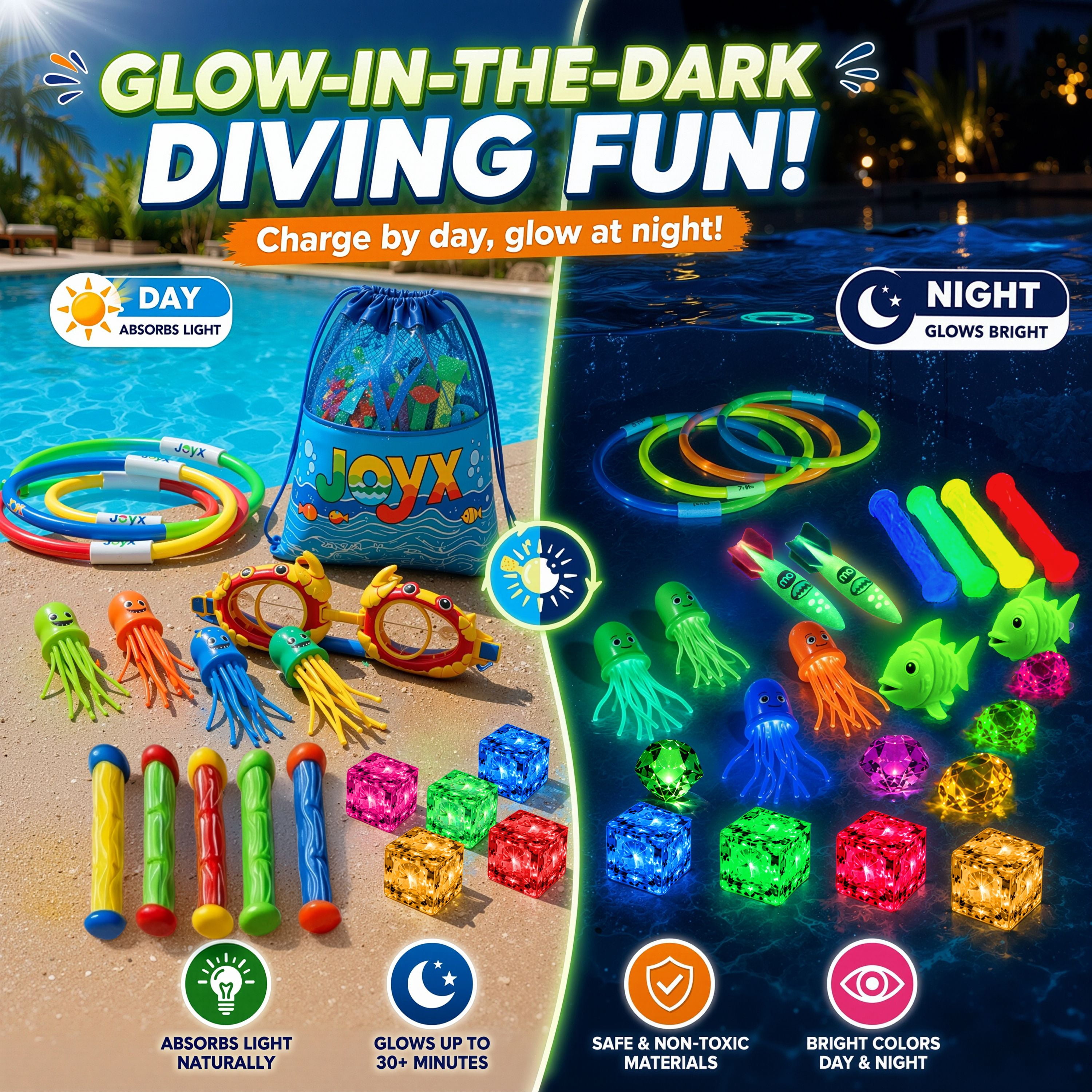 35 Pcs Glow Pool Diving Toys w/ LED Cubes & Goggles – Fun Summer Swim Learning for Kids