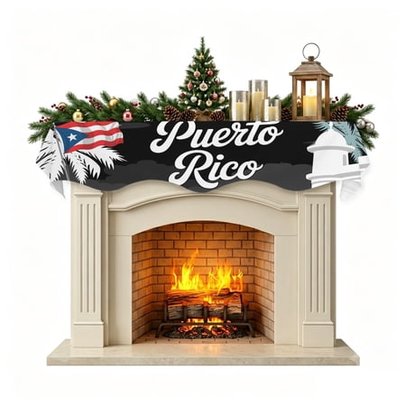 Christmas Mantle Scarf 70x17 Inch, Puerto Rico Flag Fireplace Christmas Decorations Cover Runner, Modern Art Palm Tree American Flags Christmas Mantel Decorations Xmas Holiday Mantel Scarves