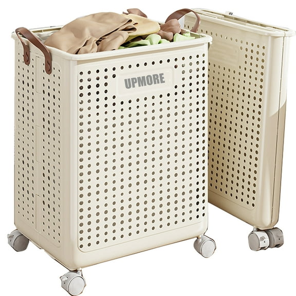 UPMORE 70L Collapsible Laundry Basket with Wheels and Handle, Plastic Foldable Laundry Hamper, Versatile Portable Storage Basket, Durable and Practical for Laundry and Bathroom