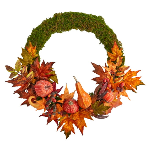 Nearly Natural 20in. Autumn Pumpkin, Gourd and Fall Maple Leaf Artificial Wreath, Orange