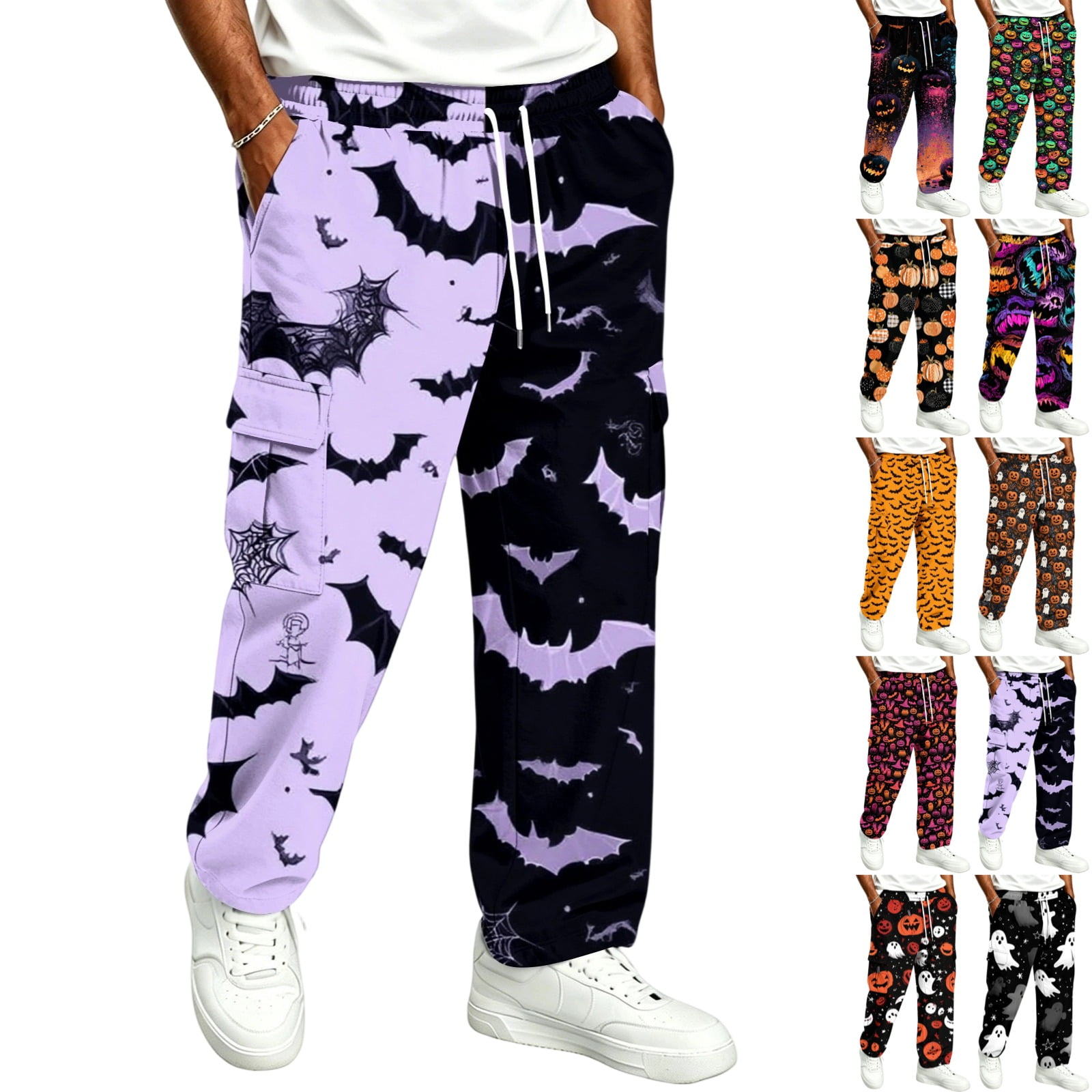 GrmtClth Halloween Sweatpants For Men Plus Size Allover Spooky Print Relaxed Cuffed Joggers Elastic Drawstring Side Pockets Breathable Daily Leisure Pants Purple 5XL