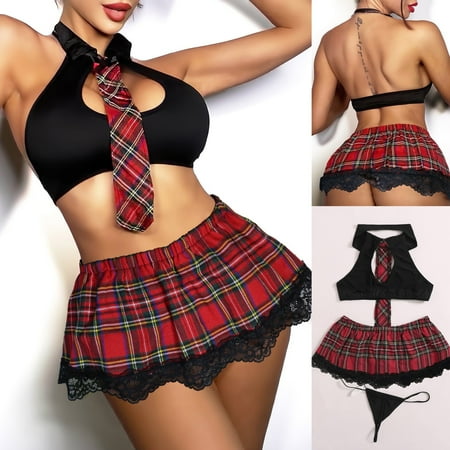 

Qcmgmg Women s Nightdress Plaid Mesh Lingerie Set Babydoll Sleepwear Sexy Bodysuit S