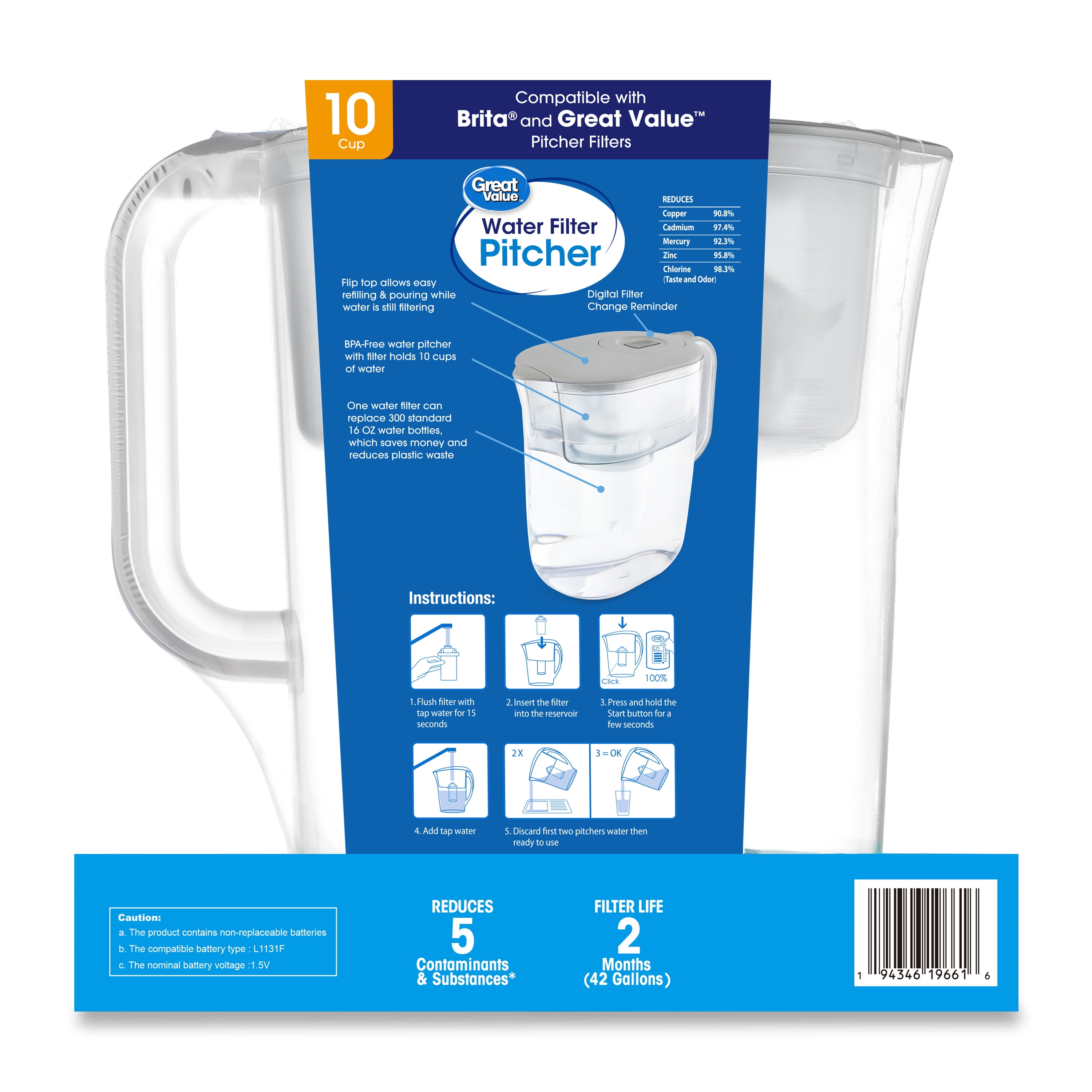 Great Value 10-Cup Water Filter Pitcher, Gray