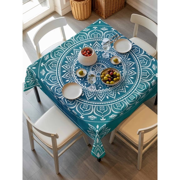 Teal Blue Boho Tablecloth Square Table Cloth 54x54, Waterproof Tablecloth Outdoor Table Cloth, Retro White Rustic Flower Ethnic Pattern Washable Table Cover for Kitchen Dinning Party