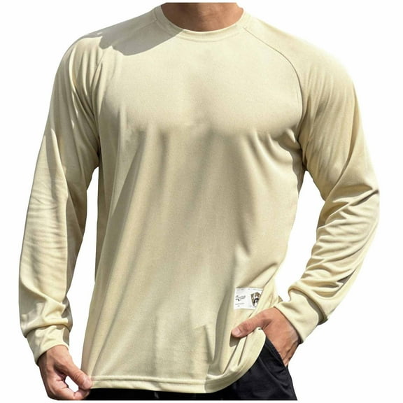 USNSM Men's Casual Lightweight Quick Dry Breathable Mesh Fitness T-Shirt Workout Training Pullover Shirt Round Neck Raglan Long Sleeve Tops Beige XL