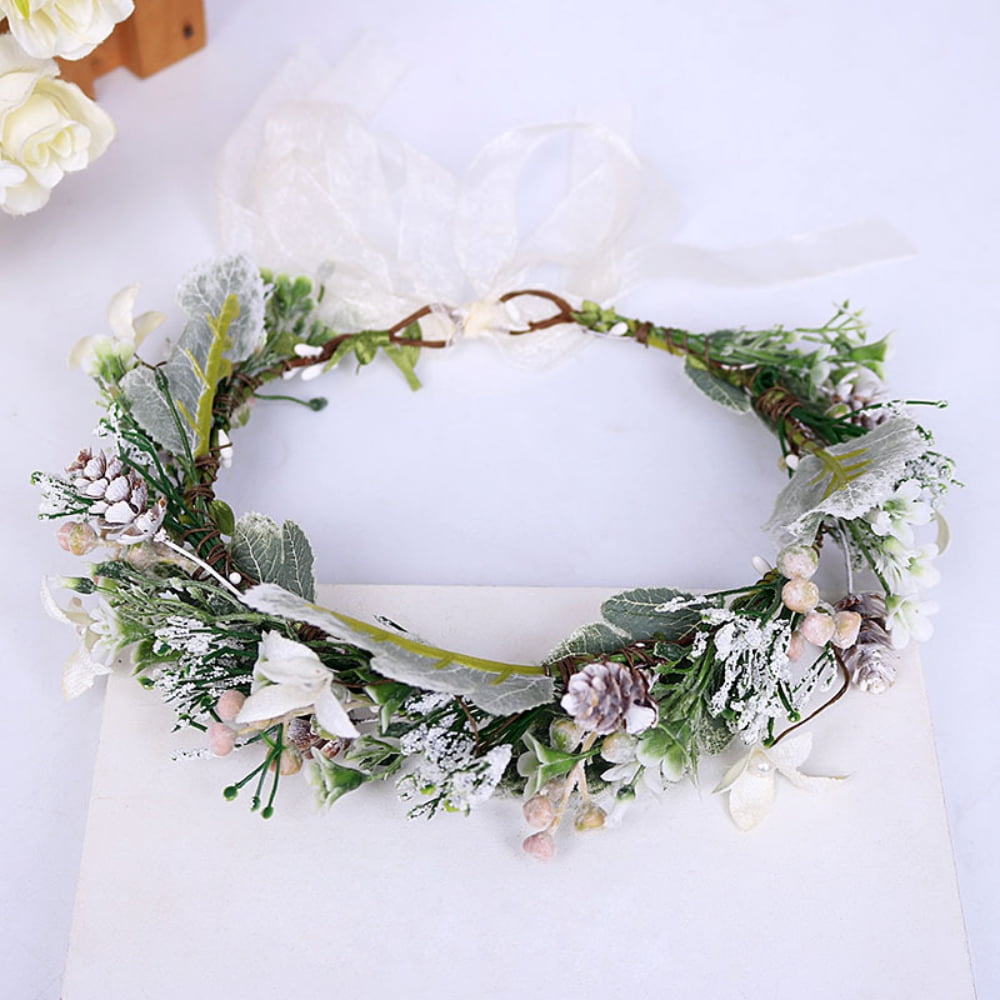 Fairy Artificial Floral Garland Crown Boho Flower Headband Hair Wreath  Floral Halo Headpiece with Ribbon Wedding Party for Women 
