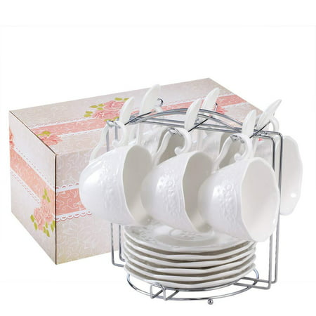 Eglaf Coffee Tea Cup Set Embossed Ceramic (Bone china) and Porcelain Saucers Spoon Bracket 6 - Piece Set (White)