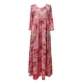 thumbnail image 5 of Womens Dress Pink Boho Floral Print Summer Casual Daily Loose Fit Dress V-Neck 3/4 Sleeve Flowy Long Dress S, 5 of 5