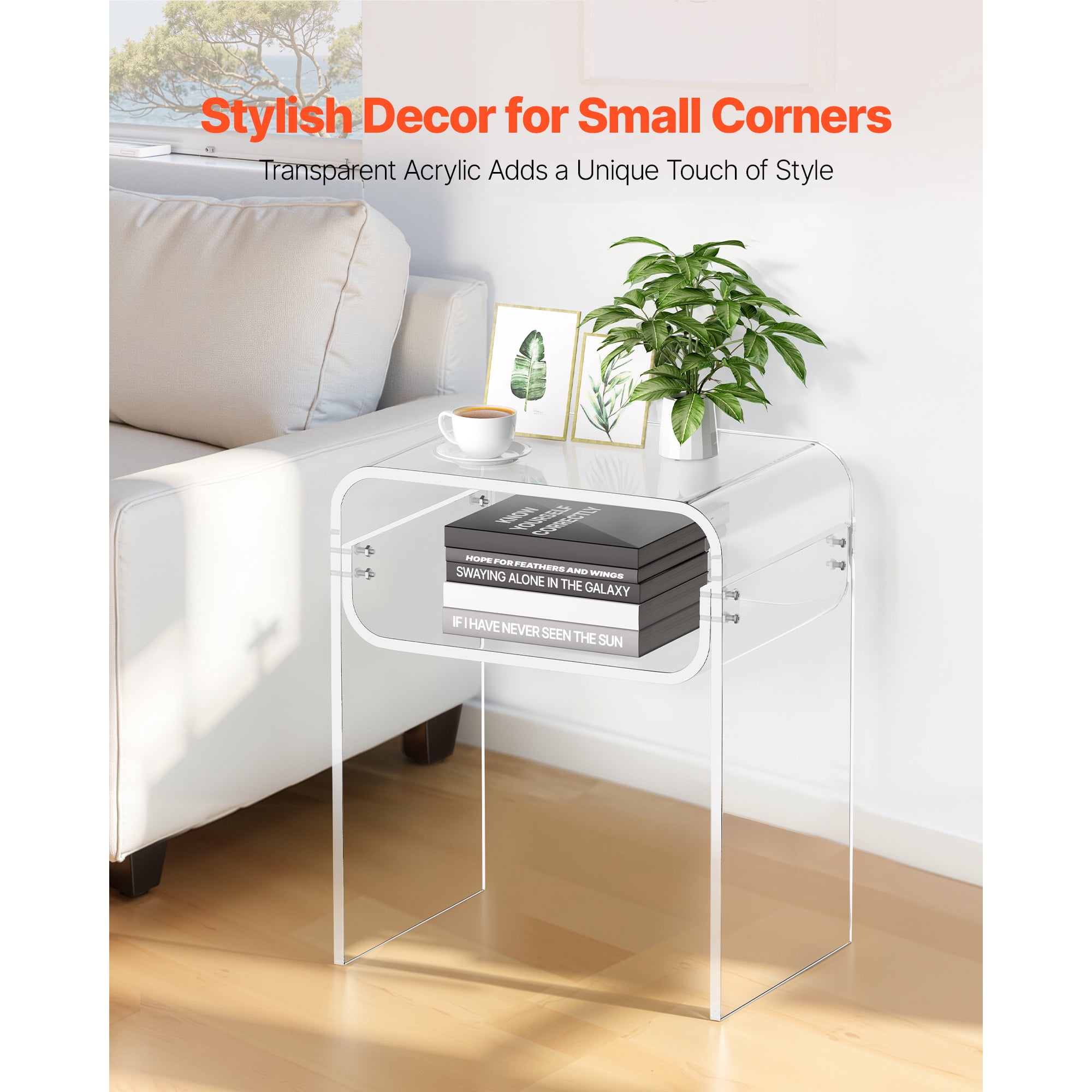 KFFKFF Acrylic Side Table, 2-Tier Clear Bedside Table with Storage Shelf, Modern Rectangular Transparent End Table, Thick Nightstand for Bedroom, Living Room, or Study, 11.8 x 15.7 x 19.7 in