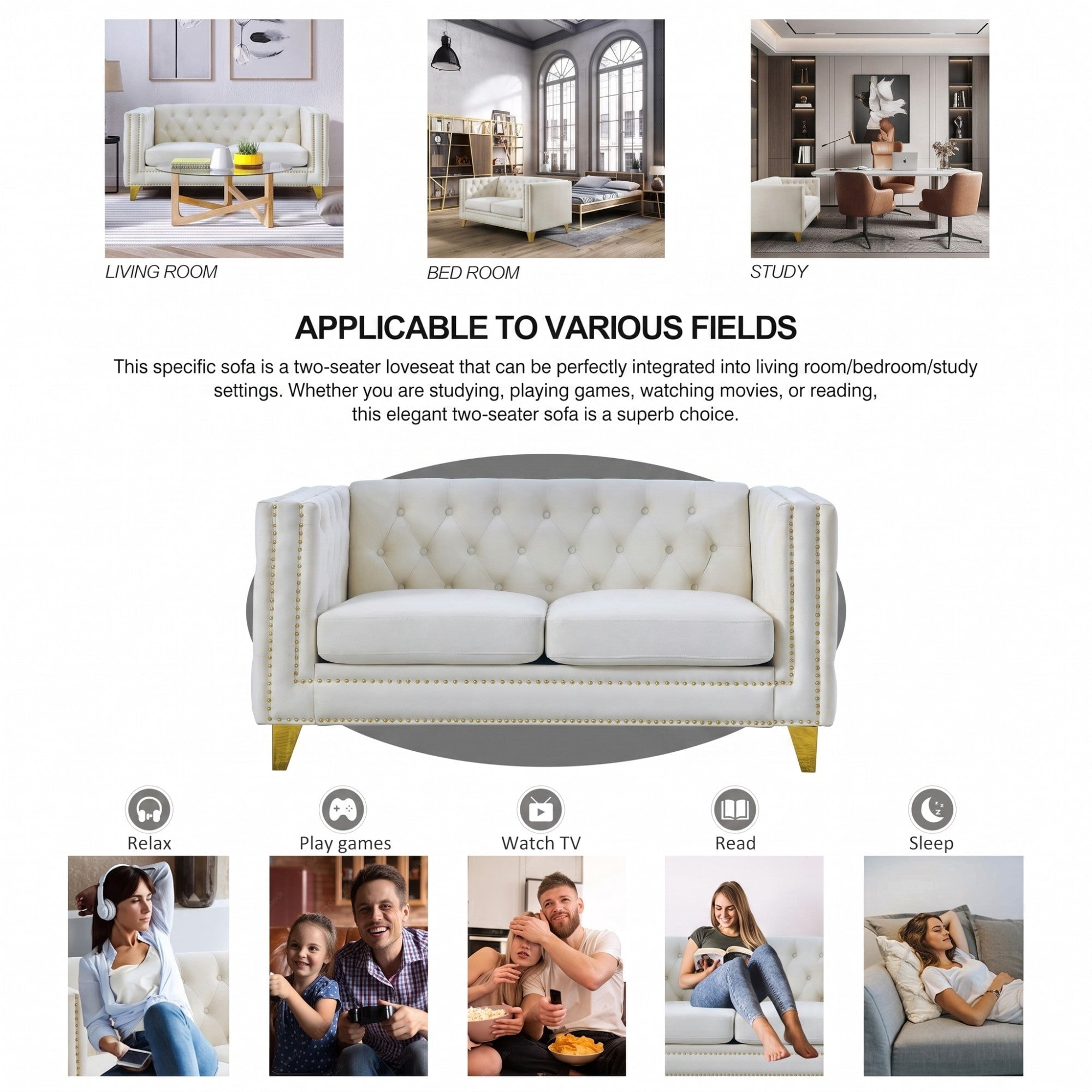 Sailvan 82" Velvet Chesterfield Sofa, Tufted Button Couch with Gold Metal Legs & Nailhead Trim, Modern 2-Seater with Unique Charm Loop Beige