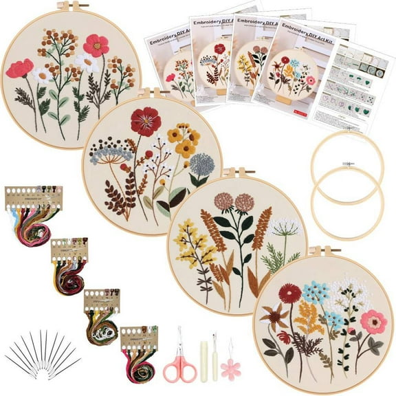 Flower Embroidery Kit for Beginners,4 Cross Stitch Kits,2 Wooden Embroidery Hoop