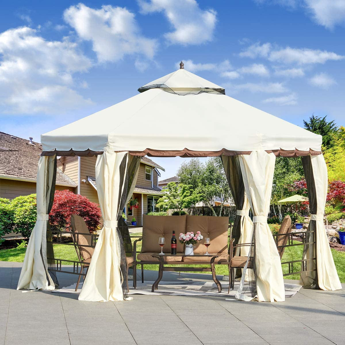 EROMMY 12FT Outdoor Gazebo Canopy, Aluminum Frame Soft Top Hexagonal ...