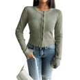thumbnail image 3 of Cardigan Ajusté à Col Rond pour Femme, Chandail Boutonné, Tricot de Base, Vert, TG, 3 of 10