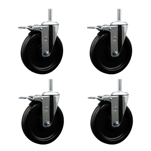 Phenolic Swivel Threaded Stem Caster Set of 4 w/6" x 1.25" Black Wheels