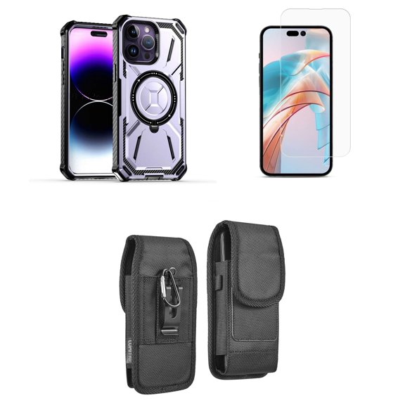 Bemz Rugged Case for iPhone 15 - Tough Magnetic Ring Stand Charger Cover with Glass Screen Protector and Vertical Rugged Nylon Belt Holster Pouch (Light Purple)