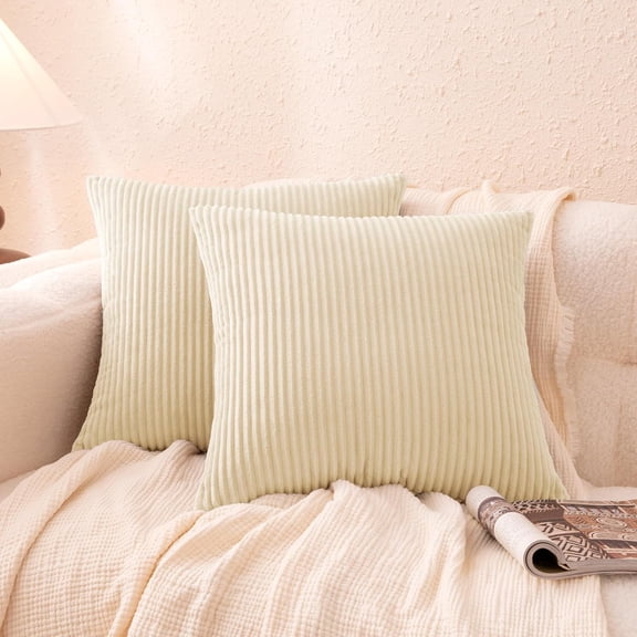 Plush Striped Throw Pillow Covers, Soft Fluffy Decorative Pillow Covers for Sofa, Couch, Living Room, Bed, 16 × 16in, Beige, Pack of 2 by JEWLALO