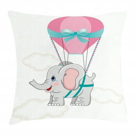 Nursery Throw Pillow Cushion Cover Baby Elephant With Hot Air